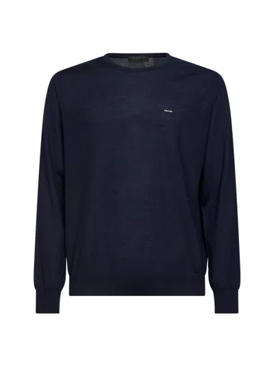 Prada Logo-embroidered Virgin Wool Sweater In Blue