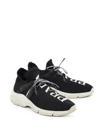 Pre-owned Prada Logo-knit Lace-up Sneakers In Black