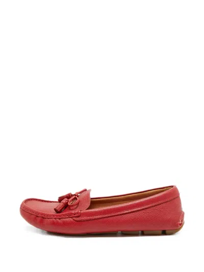 Pre-owned Prada Logo-plaque Bow-detail Mocassins In Red