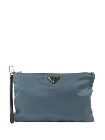Pre-owned Prada Logo-plaque Clutch Bag In Blue