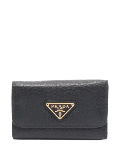 Pre-owned Prada Logo-plaque Leather Key Case In Black