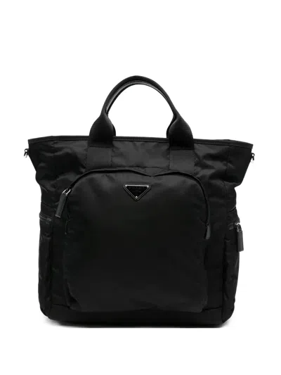 Prada Logo-plaque Leather-trim Tote Bag In Black