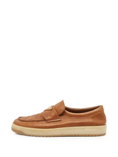 Pre-owned Prada Logo-plaque Loafers In Brown