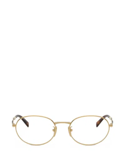 Prada Logo-plaque Oval-frame Glasses In Gold