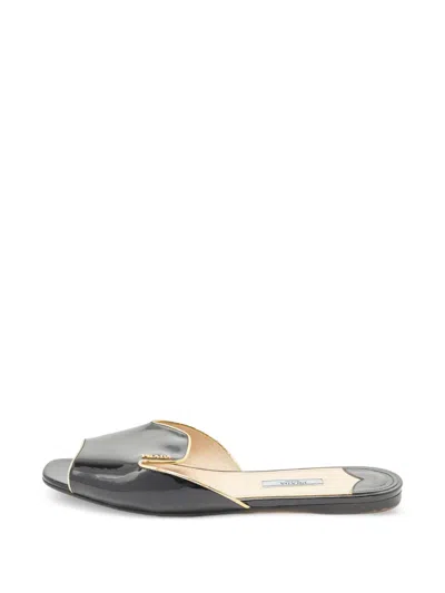 Pre-owned Prada Logo-plaque Patent Leather Sandals In Black