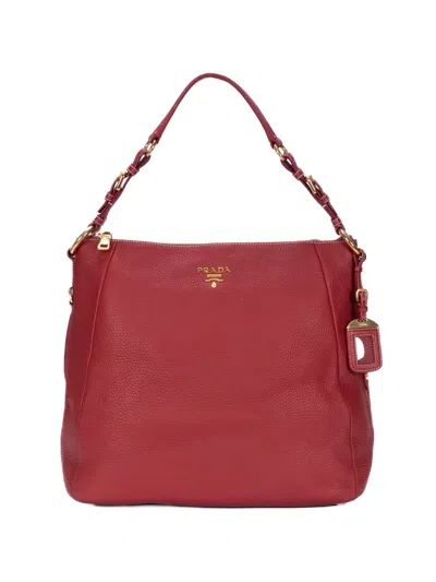Pre-owned Prada Logo-plaque Pebbled Handbag In Red