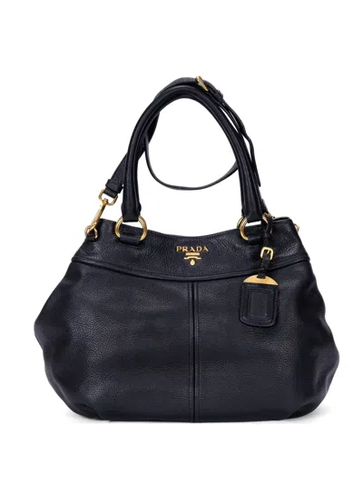 Pre-owned Prada Logo-plaque Pebbled Tote Bag In Black