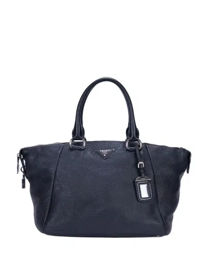 Pre-owned Prada Logo-plaque Pebbled Tote Bag In Black