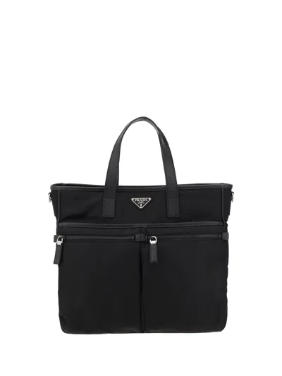 Prada Logo-plaque Re-nylon Tote Bag In Black