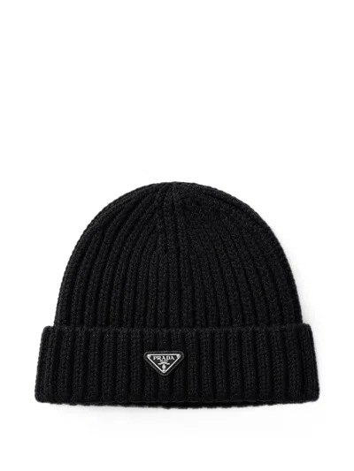 Prada Logo-plaque Ribbed-knit Beanie Hat In Orange