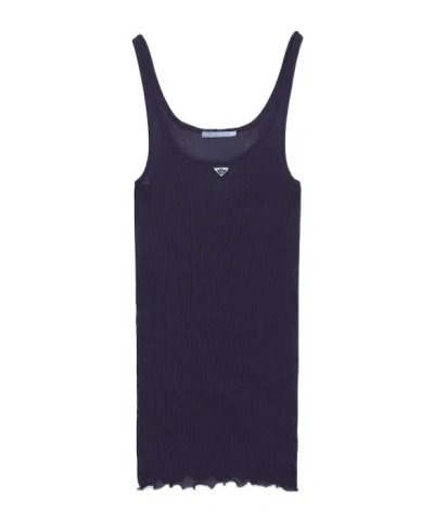 Prada Logo-plaque Ribbed-knit Top In Blue