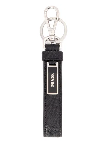 Prada Logo-plaque Saffiano Leather Key Case In Black