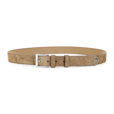 Prada Logo-plaque Suede Belt In Brown