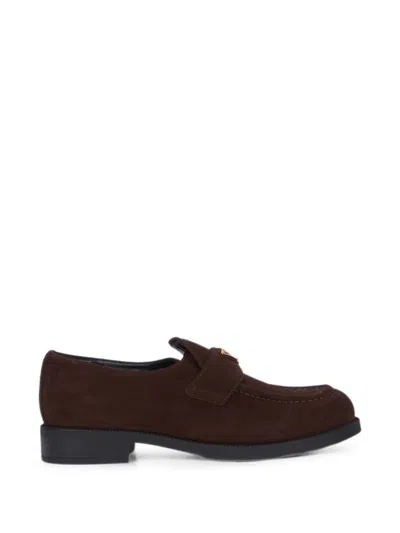 Prada Logo-plaque Suede Loafers In Brown
