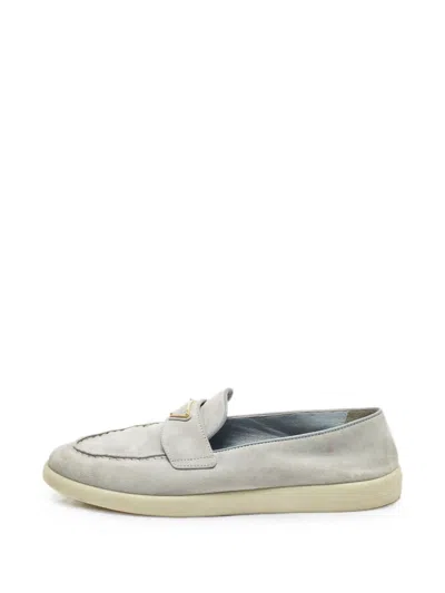 Pre-owned Prada Logo-plaque Suede Loafers In Gray