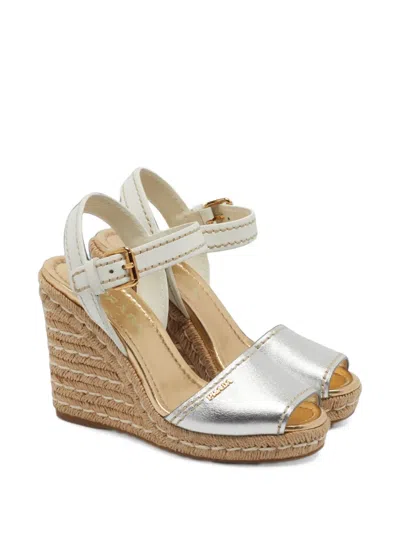 Pre-owned Prada Logo-plaque Wedge Espadrille Sandals In Silver