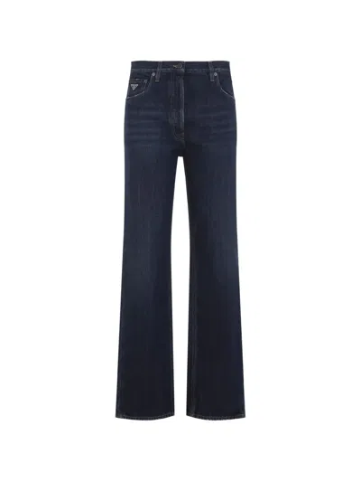 Prada Logo-plaque Wide-leg Jeans In Blue