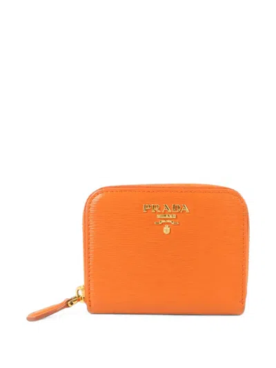 Pre-owned Prada Logo-plaque Zip-around Card Case In Orange