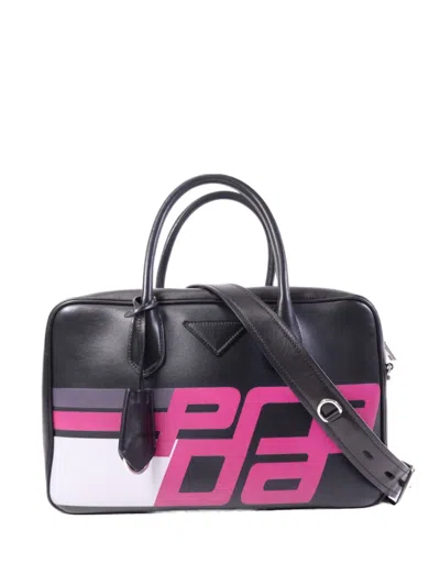 Pre-owned Prada Logo-print Leather Shoulder Bag In Black