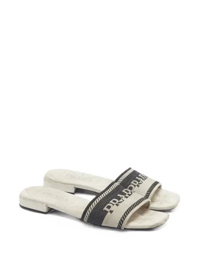 Pre-owned Prada Logo-strap Slides In Neutral