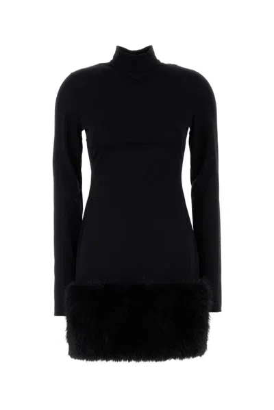 Prada Jersey Dress With Fur Trim And High Neckline In Black