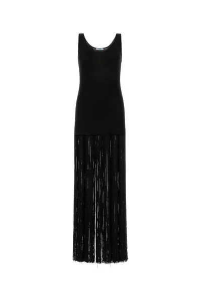 Prada Silk Fringed Knit Dress In Black
