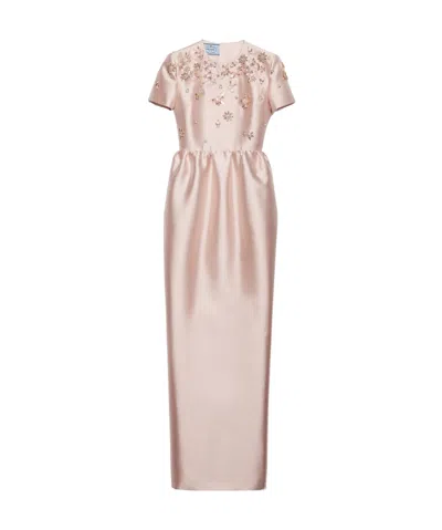 Prada Long Embroidered Silk And Wool Dress In Alabaster Pink