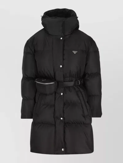 Prada Long Hooded Jacket Belted Waist Quilting Zip In Black