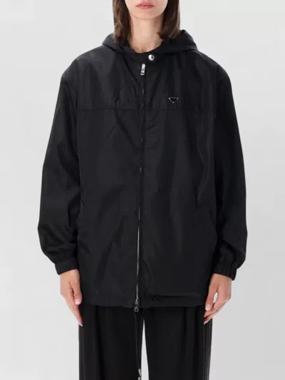 Prada Re-nylon Mini Hooded Blouson Jacket With Enameled Triangle Logo In Black