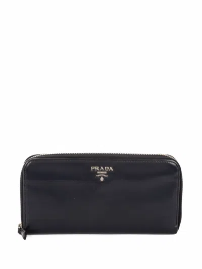 Pre-owned Prada Long Logo-plaque Zip-around Wallet In Black