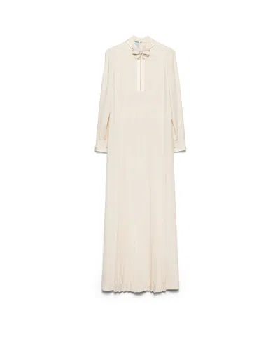 Prada Long Pleated Silk Broadcloth Dress In Neutral