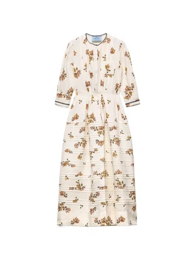 Prada Long Printed Linen Dress In Neutral