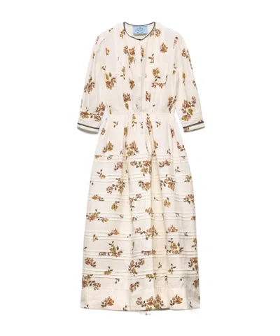 Prada Long Printed Linen Dress In White