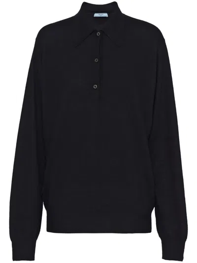 Prada Cashmere Polo T-shirt With Boat Neck In Black