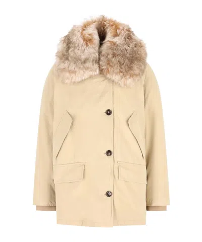 PRADA FAUX-FUR-TRIMMED BUTTON COAT