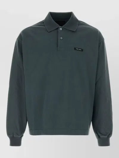 Prada Long Sleeve Cotton Polo Shirt Regular Fit In Green