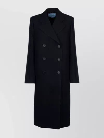Prada Long Sleeve Double-breasted Coat With Notched Lapels In Black