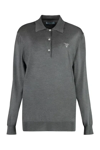 Prada Long Sleeve Knit Polo Shirt In Gray