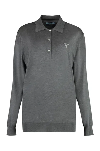 Prada Long Sleeve Knit Polo Shirt In Gray