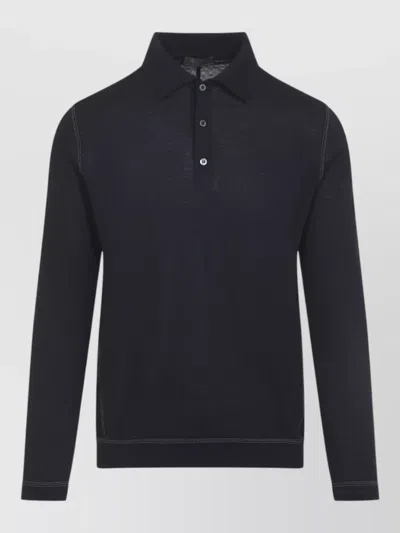 Prada Long Sleeve Knit Polo Shirt Ribbed Hem In Black