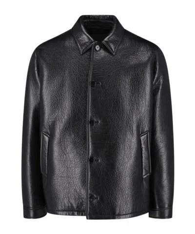 Prada Long Sleeve Leather Jacket In Black