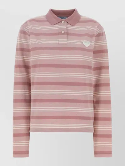Prada Long Sleeve Striped Polo Piquet Shirt In Pink