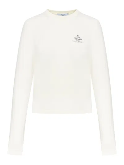 Prada Long Sleeve T-shirt With Logo In Nude & Neutrals