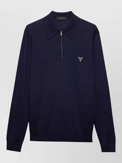 Prada Long Sleeve Wool Polo Knit Sweater In Blue