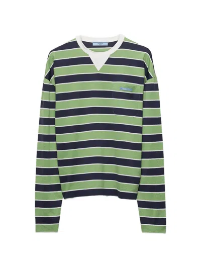 Prada Long-sleeved Bayadere Striped Cotton T-shirt In Green