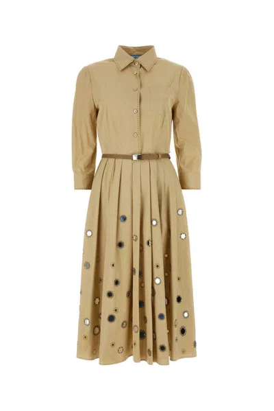 Prada Mirror Embellished Belted Midi Dress In Beige