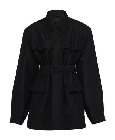 Prada Long Sleeved Belted Waist Jacket In Black