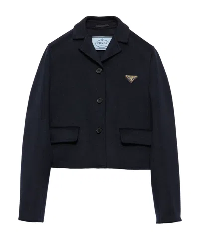 Prada Embroidered Single-breasted Jacket In Navy Blue