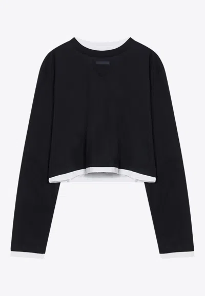 Prada Long-sleeved Cropped T-shirt In Navy
