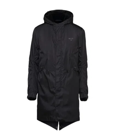 Prada Re-nylon Hooded Coat In Nero